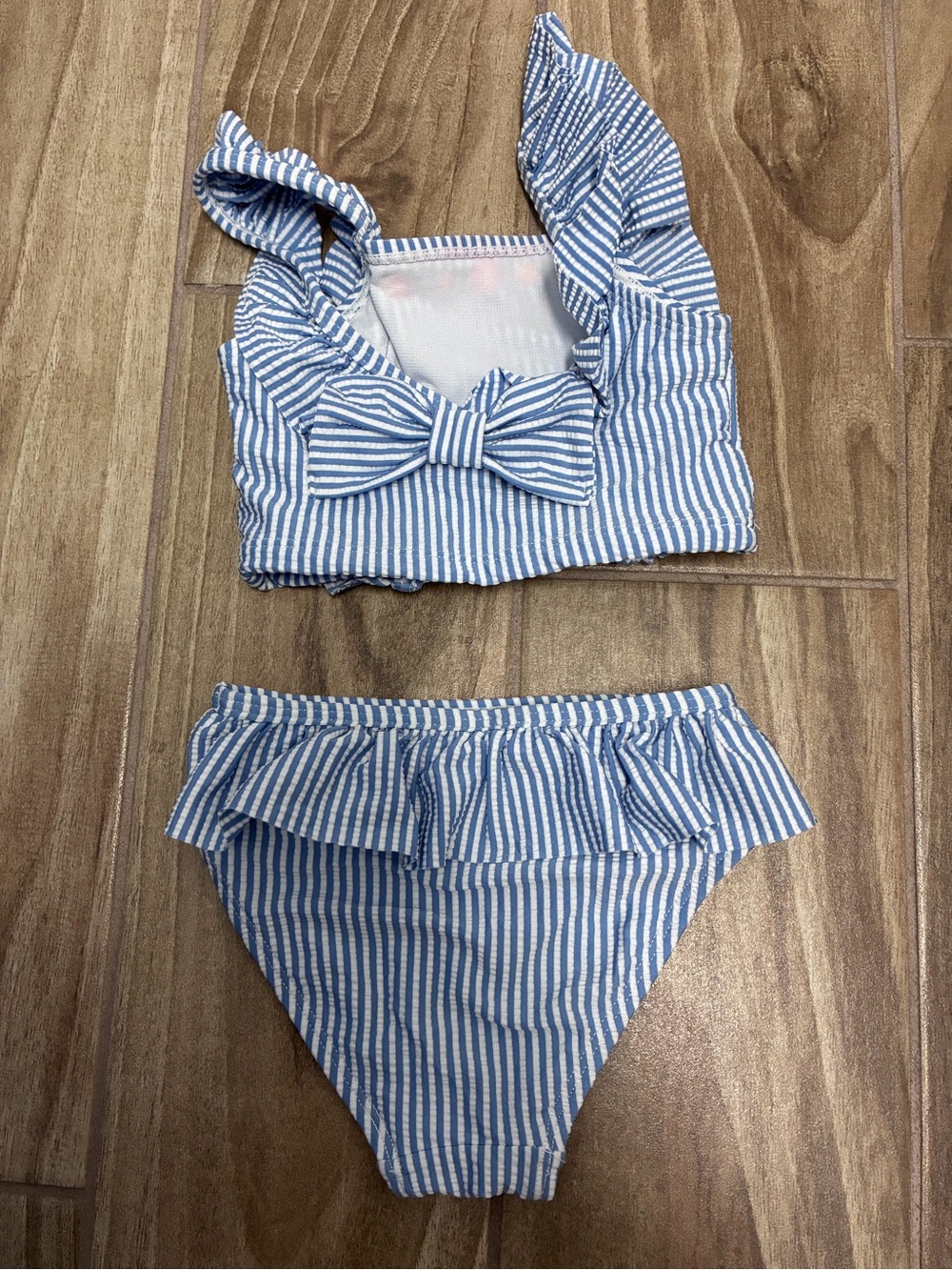 Blue Striped Ruffle Two-Piece Kids Swim Set - Picture 2 of 3